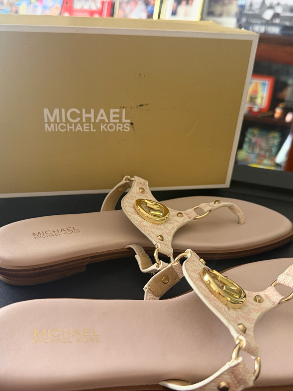 MICHAEL Michael Kors Blush Pink Sandals with Gold Logo Medallions